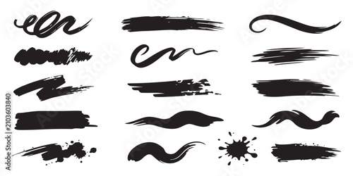 Obraz na płótnie Black ink brush strokes set for creative graphic design projects featuring various grunge textures and artistic swashes