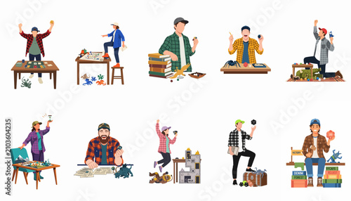 Fotografie Diverse collection of people enjoying tabletop role-playing games with miniatures, dice, and maps, presented in a clean flat vector illustration style