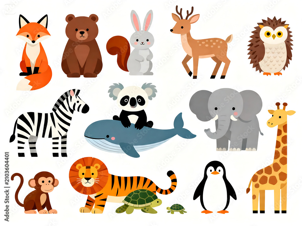 Naklejka premium Set of animals. Collection of cartoon animals. Residents of the forest and the jungle. Vector illustration of animals for children.