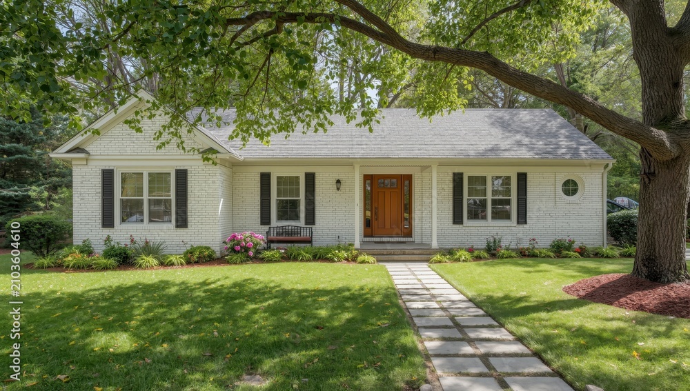 Obraz premium The entrance of a newly updated white-brick ranch home with a spacious yard.