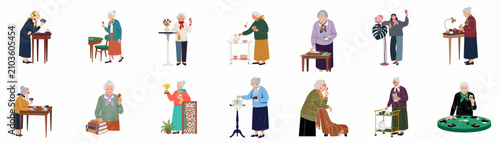 Illustrations of elegant senior women enjoying a variety of bridge-related activities, social gatherings, and leisure games in a stylish setting.