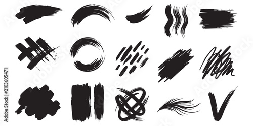 Creative ink splash and brush stroke set with circular marks and crosshatch textures for expressive abstract art designs.