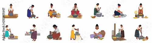 Tableau sur toile Set of diverse traditional women grinding grains and spices using mortar, pestle, and millstones, isolated on a white background vector illustration