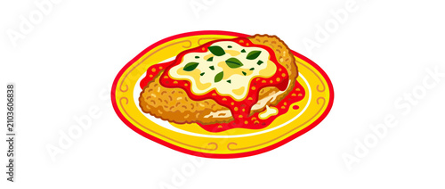 Quadro su tela Breaded cutlet with tomato sauce and cheese on plate