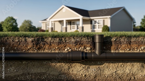 A suburban house with an underground drainage pipe system showing soil layers and greenery above ground.