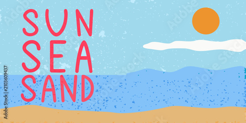 Canvas Print beach landscape illustration with retro textured sun sea sand sky cloud summer v