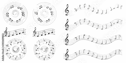 Foto musical notes on staffs in black and white line art music notation clef quavers