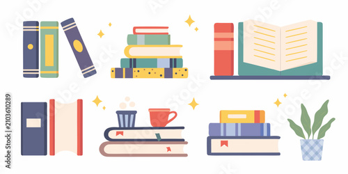 Foto stacks of colorful books in flat illustration style stack reading literature edu