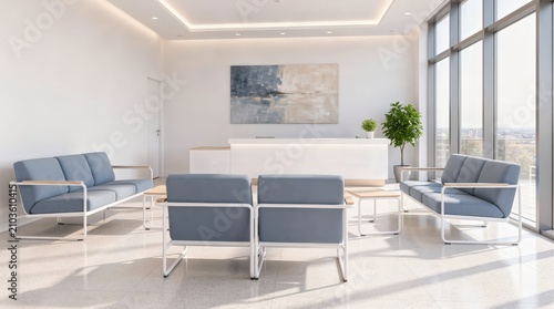 Modern office waiting area with blue sofas, large windows, minimalist decor, and a central white reception desk.