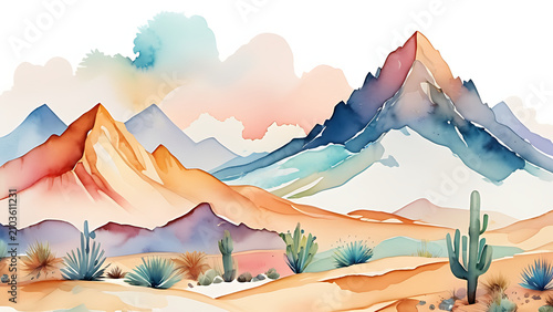 Watercolor Illustrations of Dromedary Camels and Desert Mountain Landscape on White Background