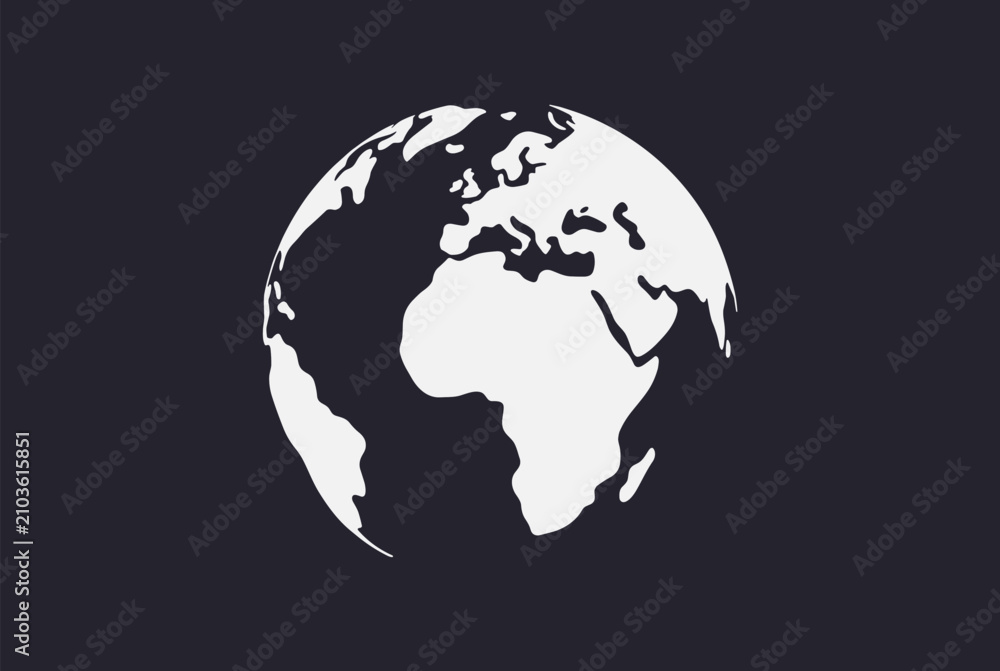 Fototapeta premium Minimalist white globe icon showing continents on a dark gray background representing earth, geography, and global connection.