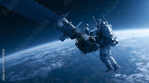 A robot repairing a satellite in orbit surrounded by stars and Earth below (3)