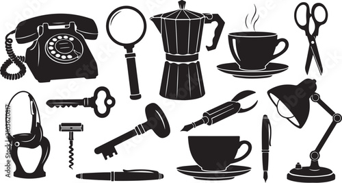 Vintage everyday objects vector set, black silhouette retro household items, antique office and kitchen icons, 13 classic design elements