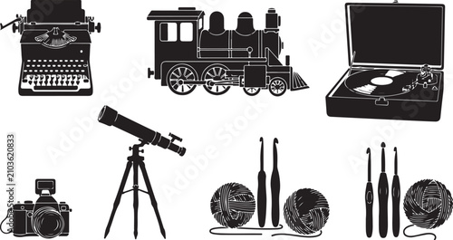 Vintage hobby icons set, black silhouette retro objects including typewriter and steam train, antique camera and record player vector illustrations