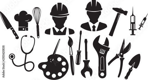 Professional occupation icons and work tools set, black silhouette labor symbols, industrial and medical equipment vector collection for career infographics