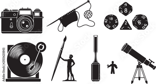 Vintage hobby icons set, black and white lifestyle vector illustrations, retro creative activities and leisure interest symbols for web and print
