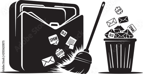 Email cleanup concept vector, broom sweeping spam and junk mail from inbox to trash, digital decluttering and inbox zero illustration