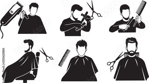 Barber shop silhouette icons set, professional male hairstylist with scissors and clippers, 6 hair salon vector elements for grooming branding