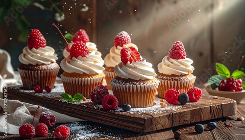 Delicious cupcakes topped with whipped cream and fresh strawberries under warm light.