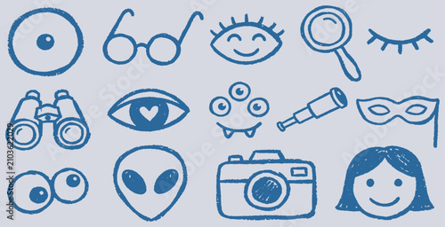 A collection of hand-drawn doodle icons representing vision, observation, and curiosity.