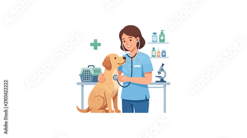 Veterinarian Examining Golden Retriever Dog.