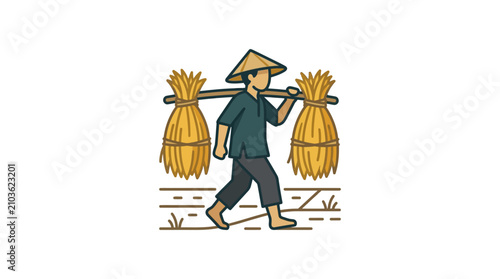 Man carrying rice straw bundles.
