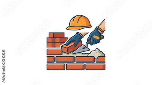 Construction Worker Laying Red Bricks.