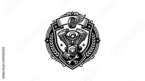Vintage motorcycle engine emblem crest.