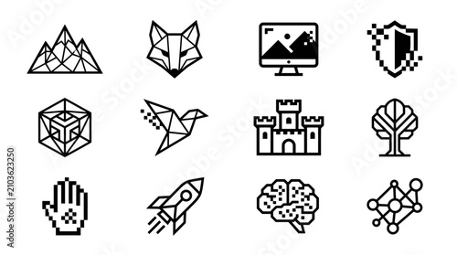 Black and white line icons set.