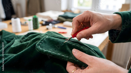 Close up of hands using a seam ripper on green fabric in a sewing workshop.