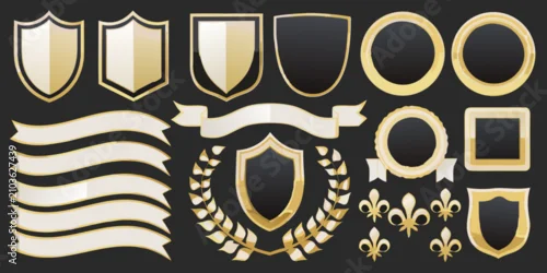 Obraz gold and black shields emblems on dark background badges ornate design vector illustration heraldic symbol fleur de lis laurel wreath ribbons frames