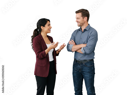 Indian woman and Caucasian man talking in a business meeting