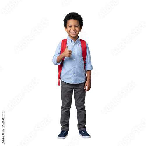 Happy African American boy student with backpack showing thumbs up gesture standing proud