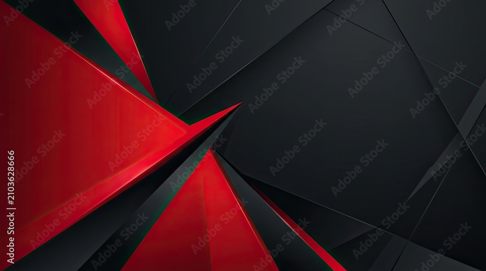 Obraz premium A dynamic abstract background features sharp, angular shapes in black, red, and white. The design incorporates intersecting triangles and polygons, creating a sense of movement and tension.
