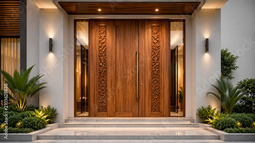 Luxury Contemporary Minimalist Teak Wood Entrance Door with Intricate Carved Panels on Modern House Exterior