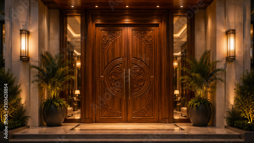 Luxury Hotel Entrance Wooden Double Door with Intricate Carved Design and Elegant Modern Architectural Facade