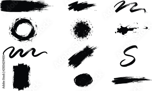Cuadro en lienzo Black ink brush stroke set featuring artistic paint splatters textured circles a