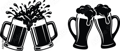 Foto Clinking beer mugs icon set featuring splashing foam and dynamic toasting glasse