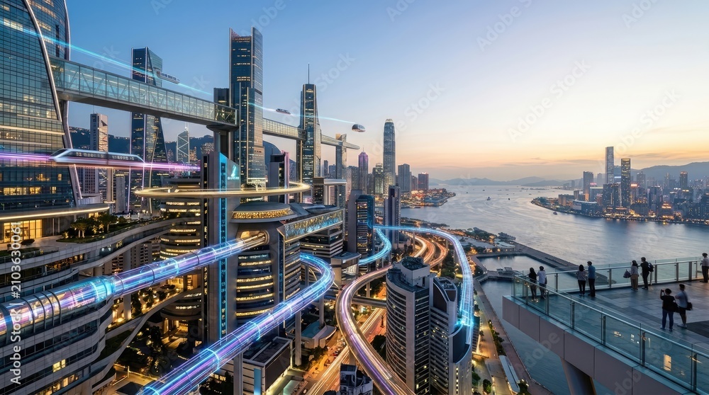 Fototapeta premium A stunning panoramic view of Hong Kong at twilight. Futuristic skyscrapers with elevated walkways and illuminated tubes dominate the cityscape.