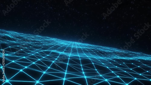 Blue Digital Wireframe Mesh Terrain Moving in Dark Space