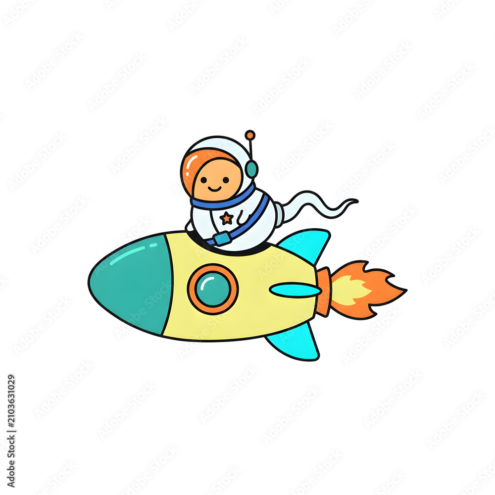 Naklejka premium Playful Cartoon Sperm Cell Astronaut Riding a Bright Yellow Rocket Launching Upwards, Illustrating Fertility or Project Success