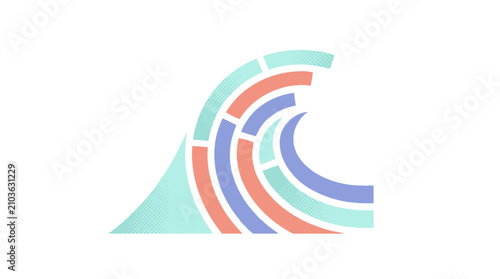 Stylized wave graphic composed of layered curved segments.