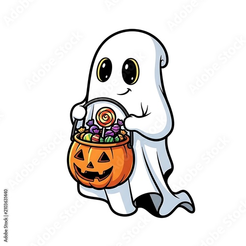 Cartoon ghost trick-or-treating with a jack-o'-lantern candy bucket