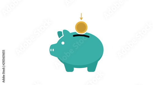 Fotografi Turquoise piggy bank saving a gold coin flat illustration.