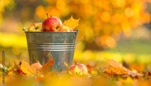 A metal bucket filled with apples sits on grass surrounded by fallen leaves