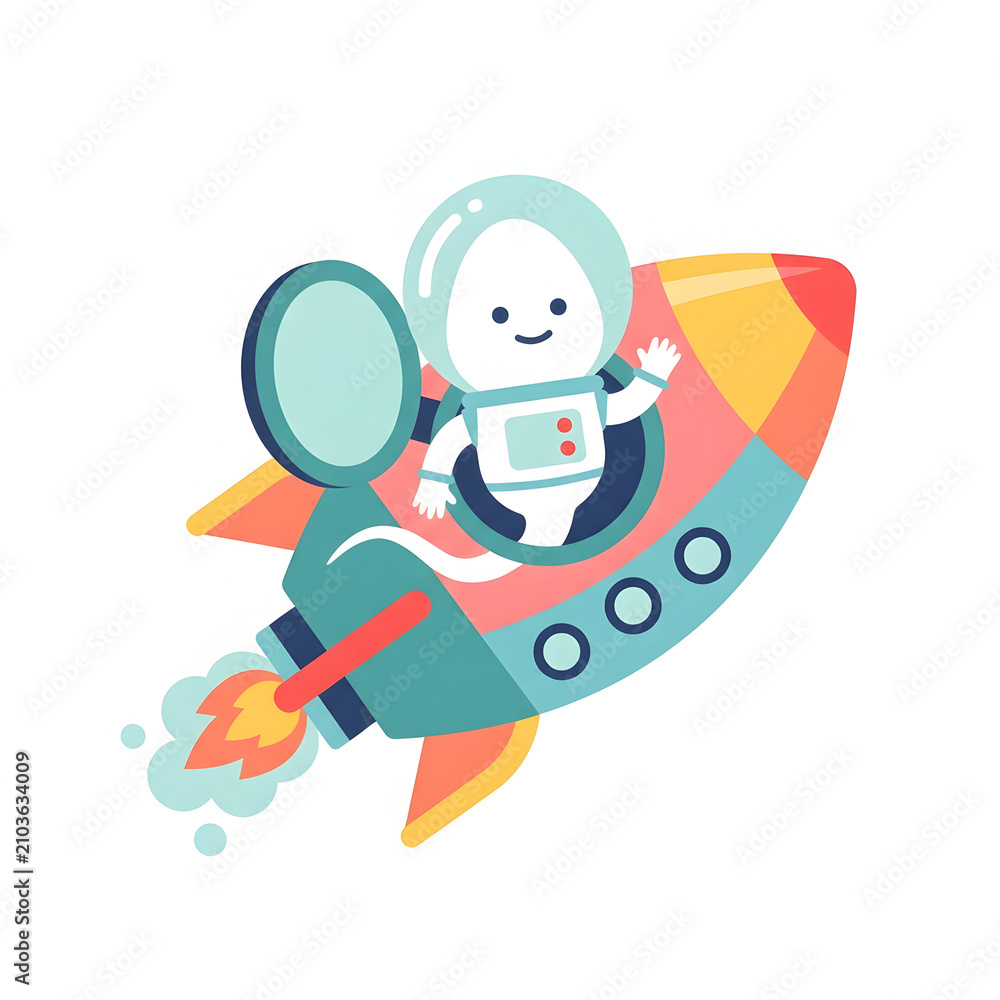 Naklejka premium Cute Cartoon Astronaut Waving from Colorful Rocket Ship Blasting Off, Symbolizing Space Exploration, Innovation, and Startup Business Growth