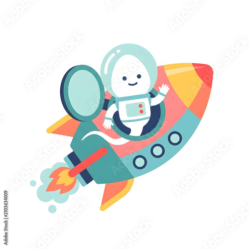 Cute Cartoon Astronaut Waving from Colorful Rocket Ship Blasting Off, Symbolizing Space Exploration, Innovation, and Startup Business Growth