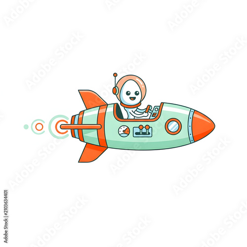 Cheerful Cartoon Astronaut Piloting a Rocket Ship for Startup Launch and Technology Innovation Concept