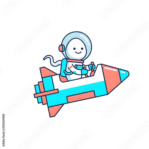 Smiling Cartoon Astronaut Flying Rocket Ship Illustration, Symbolizing Business Startup Launch, Technology Innovation, and Space Exploration