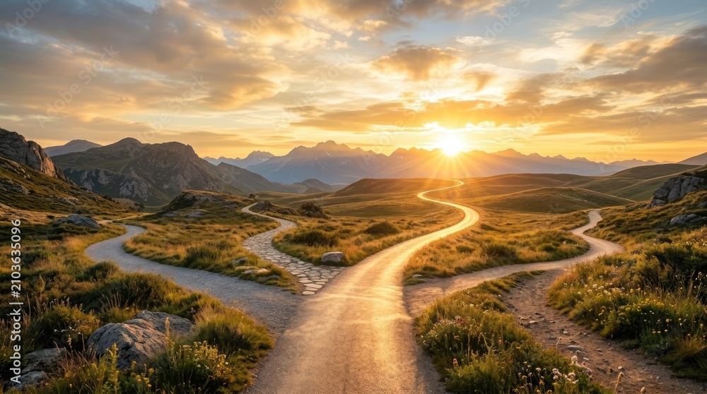 Obraz premium A winding road forks into two paths in a mountainous landscape at sunrise. The sun shines brightly, creating a dramatic ray of light that illuminates the scene.